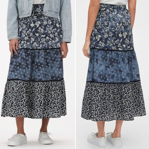 GAP Blue Mixed Tiered Floral Boho Cotton Midi Skirt Size Large Petite - Picture 10 of 14